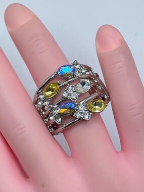 Silver Tone AB Crystal Stretch Ring Multicolor Rhinestone Statement